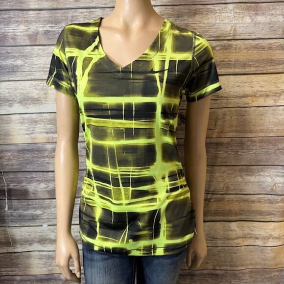 Nike Pro Top L Large Bright Neon Yellow‎ Green V Neck Stretch Fitness - Picture 1 of 6